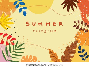 Doodle de verano tropical con espacio para ilustración de vector de texto. Fondo colorido de diseño abstracto para afiches, banner, portada, tarjeta con hojas tropicales.