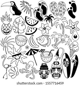 Tropical Summer Doodles Black and White Set of 31 Vector Characters isolated 