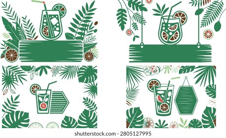Tropical summer drinks with citrus slices and straws surrounded by green leaves and plants on white background