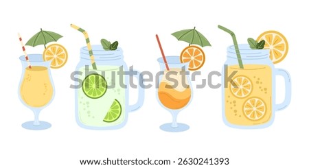 Tropical summer drinks vector illustration set with cocktails, mason jars, citrus slices, straws, mint, and umbrellas, perfect for summer menu design, beach party invitations.