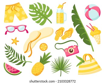 Tropical summer elements collection. Lemonade jar, pool party icons. Juicy fruits and beach travel stuff. Exotic leaves, pineapple neat vector set