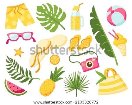 Tropical summer elements collection. Lemonade jar, pool party icons. Juicy fruits and beach travel stuff. Exotic leaves, pineapple neat vector set