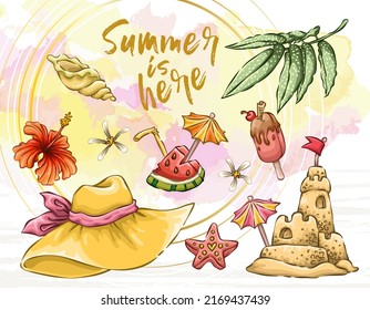 Tropical summer elements, sea beach objects for your design projects, hat, sea shells, starfish, sand castle, ice cream, watermelon, hibiscus flower