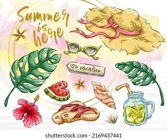 Tropical summer elements, sea beach objects for your design projects, hat, sun glasses, cocktail, sea shells, watermelon, palm leaf