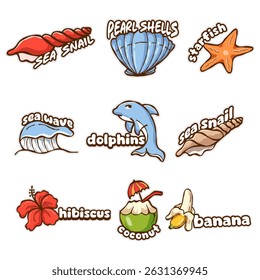 Tropical Summer Elements Set – Beach Icons in Cute Cartoon Style