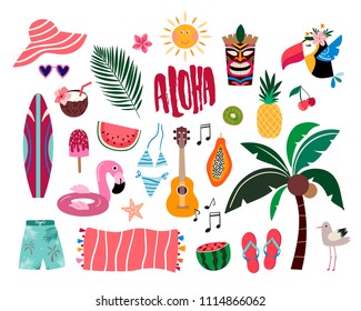 Tropical summer elements,hand drawn collection with different items isolated on white