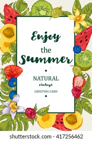 Tropical Summer Exotic Menu Fruits Card with Watermelon, Apricot, Kiwi, Vanilla and Berries, Vector Nature Fruits Summer Vintage Invitation