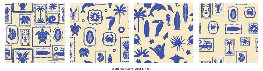 Tropical summer exotic seamless pattern set, vector hand drawn ocean surf vintage print texture. Coastal ethnic nature mosaic background Hawaii island abstract design. Ethnic summer pattern collection