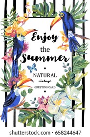 Tropical summer exotic vertical frame. Greeting card with toucan, butterflies, exotic flowers and leaves. Natural illustration on striped background. Vector nature vintage Invitation.