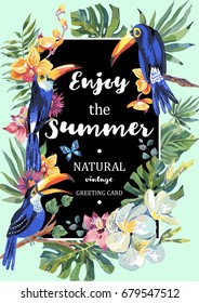 Tropical summer exotic vertical frame. Greeting card with toucan, butterflies, exotic flowers and leaves. Natural illustration on mint background. Vector nature vintage Invitation