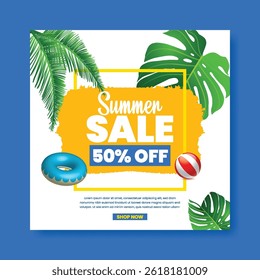 Tropical Summer fashion Sale Promotional social media post, web banner editable template, summer vacation, holiday, summer party social media flyer or poster with summer tropical background