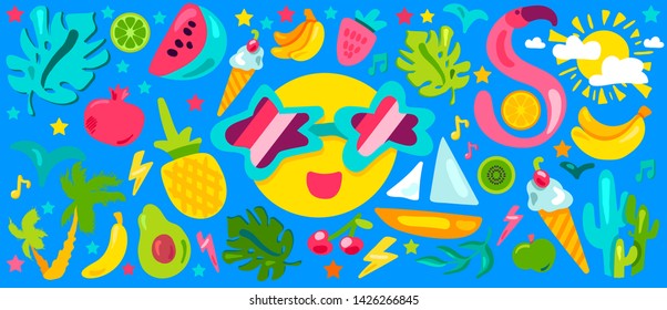 Tropical summer flat illustrations set. Exotic resort, paradise island. Beach party cartoon items