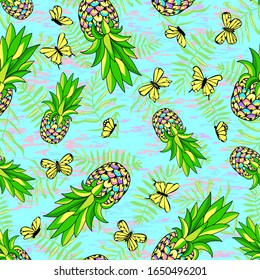 Tropische Sommerblüte nahtlose Muster Hintergrund mit Ananas und Schmetterlingen. Drucken für Fabrik, Papier und Web.