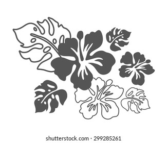 Tropical summer flower and leaf silhouettes and outlines for design. Hibiscus vector illustration