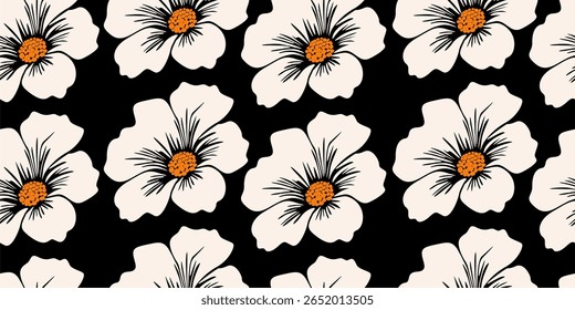 Tropical summer flower pattern seamless. black and white daisy flowers Hand drawn for textiles, wallpaper, wrapping paper, fabric, fashion, design background vector illustration