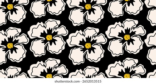Tropical summer flower pattern seamless. black and white daisy flowers Hand drawn for textiles, wallpaper, wrapping paper, fabric, fashion, design background vector illustration