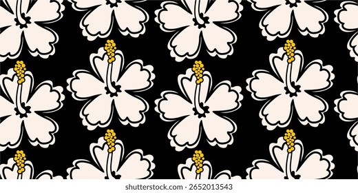 Tropical summer flower pattern seamless. black and white elegance hibiscus flowers Hand drawn for textiles, wallpaper, wrapping paper, fabric, fashion, design background vector illustration