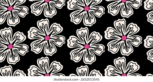 Tropical summer flower pattern seamless. black and white daisy flowers Hand drawn for textiles, wallpaper, wrapping paper, fabric, fashion, design background vector illustration