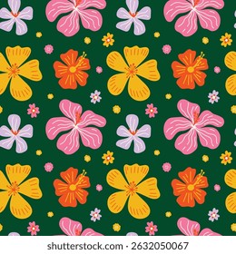 Tropical summer flower seamless pattern design with different types of exotic spring blooming floral vector illustration for package wrapping papper decor