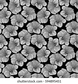 Tropical summer flowers bright background. Seamless monochrome pattern of hibiscus flowers. Vector illustration.
