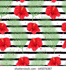 Tropical summer flowers and palm bright background. Beautiful seamless pattern of red blooming hibiscus flowers. Vector illustration.