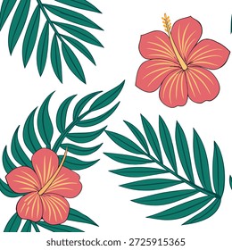 Flores de verano tropical sin patrón con flores de hibisco brillantes y exuberantes hojas de palma para un concepto de isla vibrante como patrón de flores de verano tropical con flores de hibisco y hojas de palma para diseños inspirados en isla vibrante en Foto de archivo Concepto y espacio vacío en el lado izquierdo, sin texto --ar 7:2 --tile