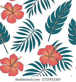 Flores tropicais de verão padrão sem costura com florais exóticos e tons quentes brilhantes para um conceito de vibração de verão aventureiro como padrão de flores de verão exótico com florais tropicais e tons quentes perfeitos para projetos de verão ousados aventureiros em Photo Stock Concept e espaço vazio no lado esquerdo, sem texto —ar 7:2 —tile