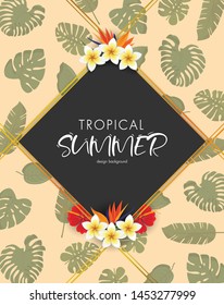 Tropical summer frame design background with exotic palm leaves and Hibiscus flowers. Vector Illustration