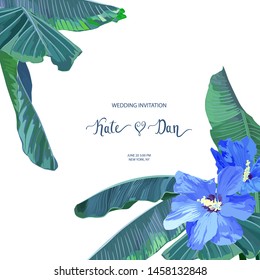 Tropical summer frame with hibiscus and  leaves. Wedding Invitation, save the date, rsvp, invite card. Vector illustration. Watercolor style
