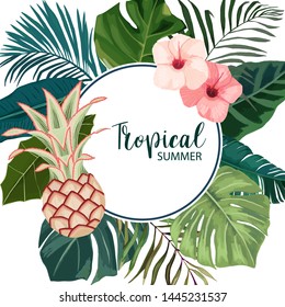 Tropical summer frame with hibiscus, pineapple and green leaves. Wedding Invitation, save the date, rsvp, invite card. Vector illustration. Watercolor style