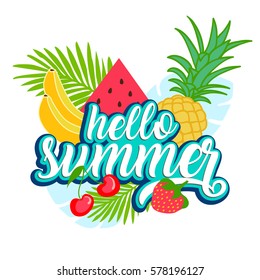 Tropical summer fruit background with leaves. Hello summer typographic vector illustration.