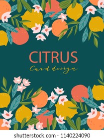 Tropical summer fruit card. Citrus tree in hand drawn style. Vector design with oranges, lemons and flowers for branding, invitations or greeting cards.