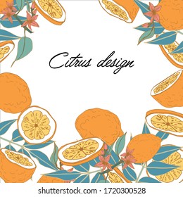 Tropical summer fruit card. Citrus in hand drawn style. Vector design with lemons and flowers for branding,  invitations or greeting