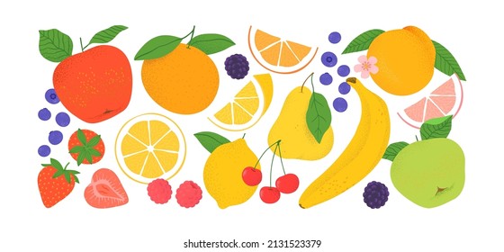 Tropical Summer Fruit Clipart Illustration Collection. Isolated Fruits Ingredient Cartoon Set. Fresh Organic Apple, Orange, Strawberry, Banana And More.