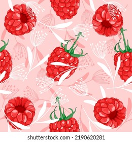 Patrón de frutas tropicales de verano. patrón colorido.Diseño vectorial con frambuesas, frambuesas y flores.Fondo rosa y fruta.