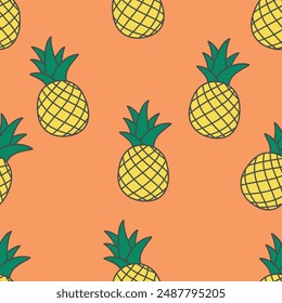 Tropical summer fruit pineapple. Pineapple ananas seamless pattern, background. Vector