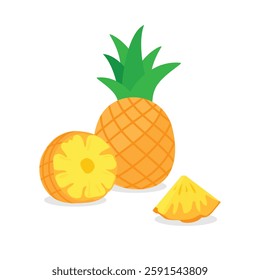 Tropical summer fruit pineapple isolated on white background. Pineapple cartoon vector icon. Whole, half and sliced pineapple.