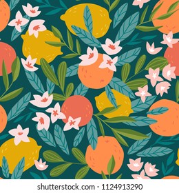 Tropical summer fruit seamless pattern. Citrus tree in hand drawn style. Vector fabric design with oranges, lemons and flowers.