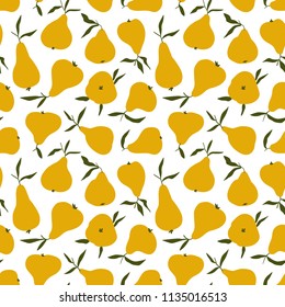 Tropical summer fruit seamless pattern. Yellow pear in hand drawn style. Vector vintage fabric design.