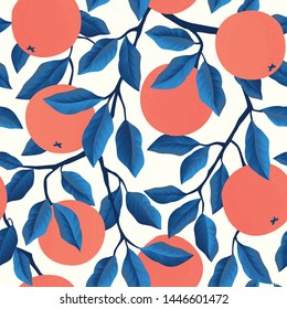 Tropical summer fruit seamless pattern. Citrus tree in hand drawn style. Vector fabric design with oranges, lemons and flowers.