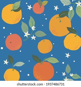 Tropical summer fruit seamless pattern. Mandarin Orange and Orange Blossom hand-painted style. Vector fabric design. 