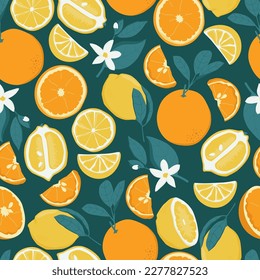 Tropical summer fruit seamless pattern in modern cartoon style. Citrus tree in hand drawn style. Vector fabric design with oranges, lemons and flowers.