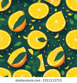 Tropical summer fruit seamless pattern in modern cartoon style. Citrus tree in hand drawn style fabric design with oranges, lemons and flowers.