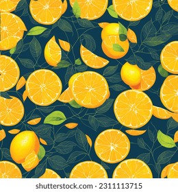 Tropische Sommerfrucht nahtloses Muster im modernen Cartoon-Stil. Zitrusbäume in handgezeichneter Stoffgestaltung mit Orangen, Zitronen und Blumen.