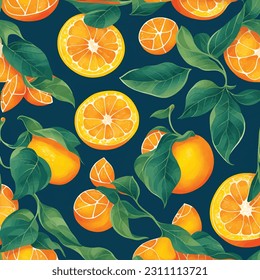 Tropical summer fruit seamless pattern in modern cartoon style. Citrus tree in hand drawn style fabric design with oranges, lemons and flowers.