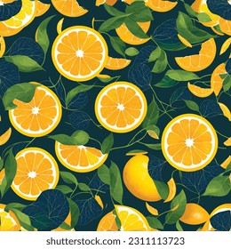 Tropical summer fruit seamless pattern in modern cartoon style. Citrus tree in hand drawn style fabric design with oranges, lemons and flowers.