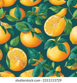 Tropical summer fruit seamless pattern in modern cartoon style. Citrus tree in hand drawn style fabric design with oranges, lemons and flowers.