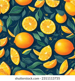 Tropical summer fruit seamless pattern in modern cartoon style. Citrus tree in hand drawn style fabric design with oranges, lemons and flowers.