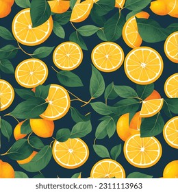 Tropical summer fruit seamless pattern in modern cartoon style. Citrus tree in hand drawn style fabric design with oranges, lemons and flowers.