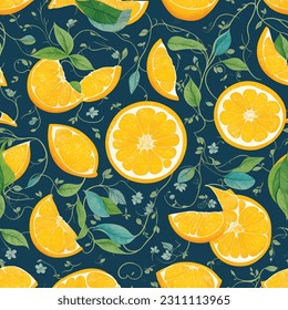 Tropical summer fruit seamless pattern in modern cartoon style. Citrus tree in hand drawn style fabric design with oranges, lemons and flowers.